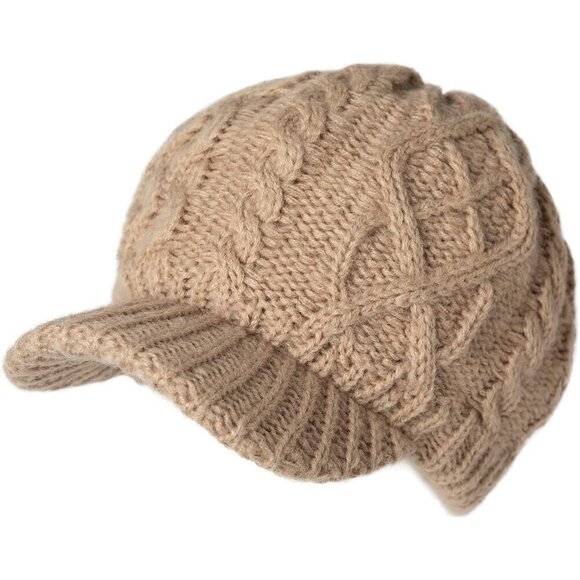 Wool Blend Cable Knit Beanie with Sun-Blocking Brim for Winter Warmth